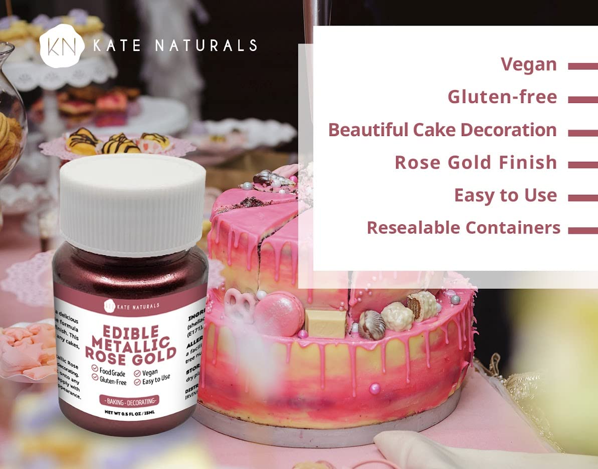 Edible Metallic Rose Gold Dust for Cake Decorating & Cookies (0.5 fl oz) - Kate Naturals