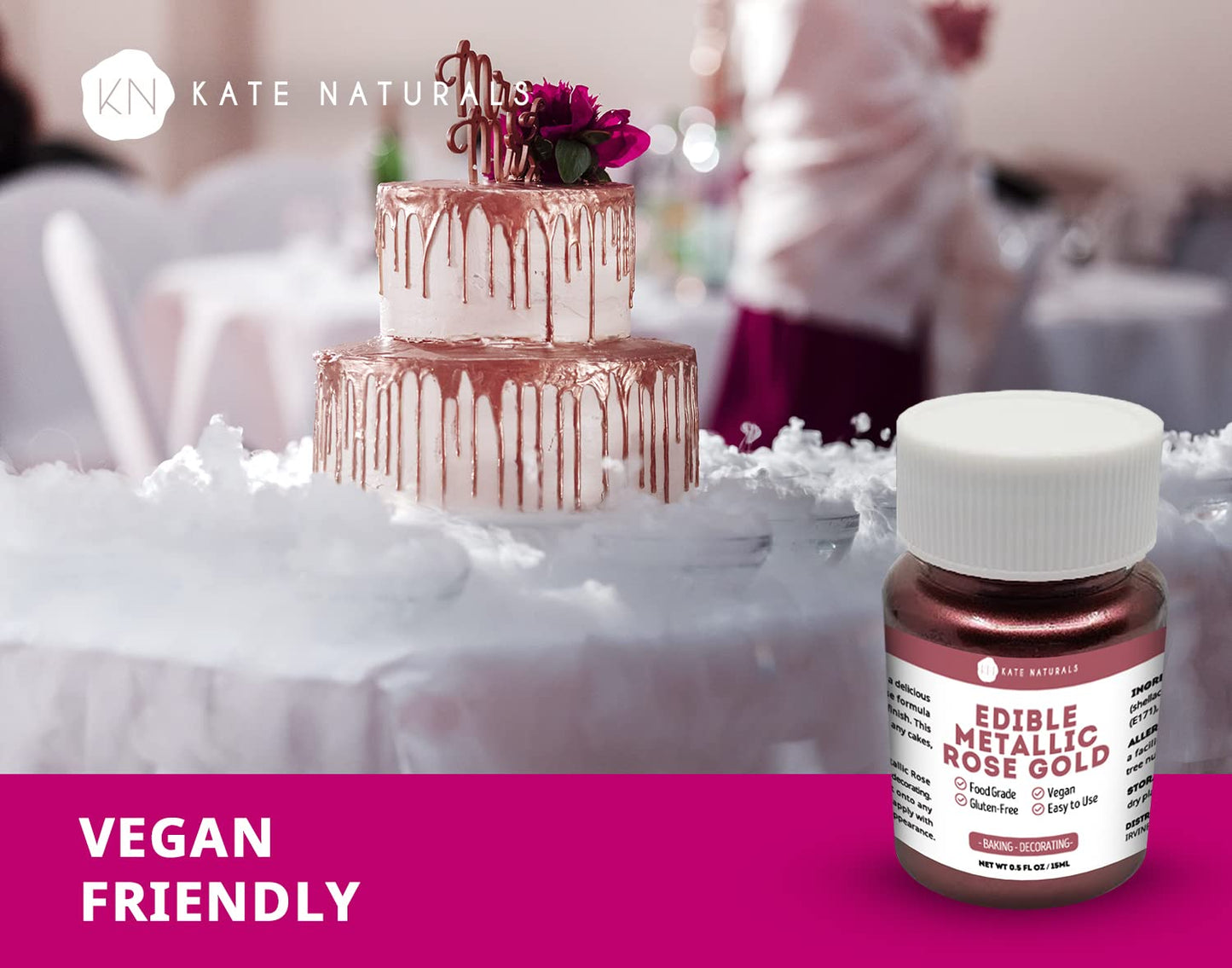 Edible Metallic Rose Gold Dust for Cake Decorating & Cookies (0.5 fl oz) - Kate Naturals