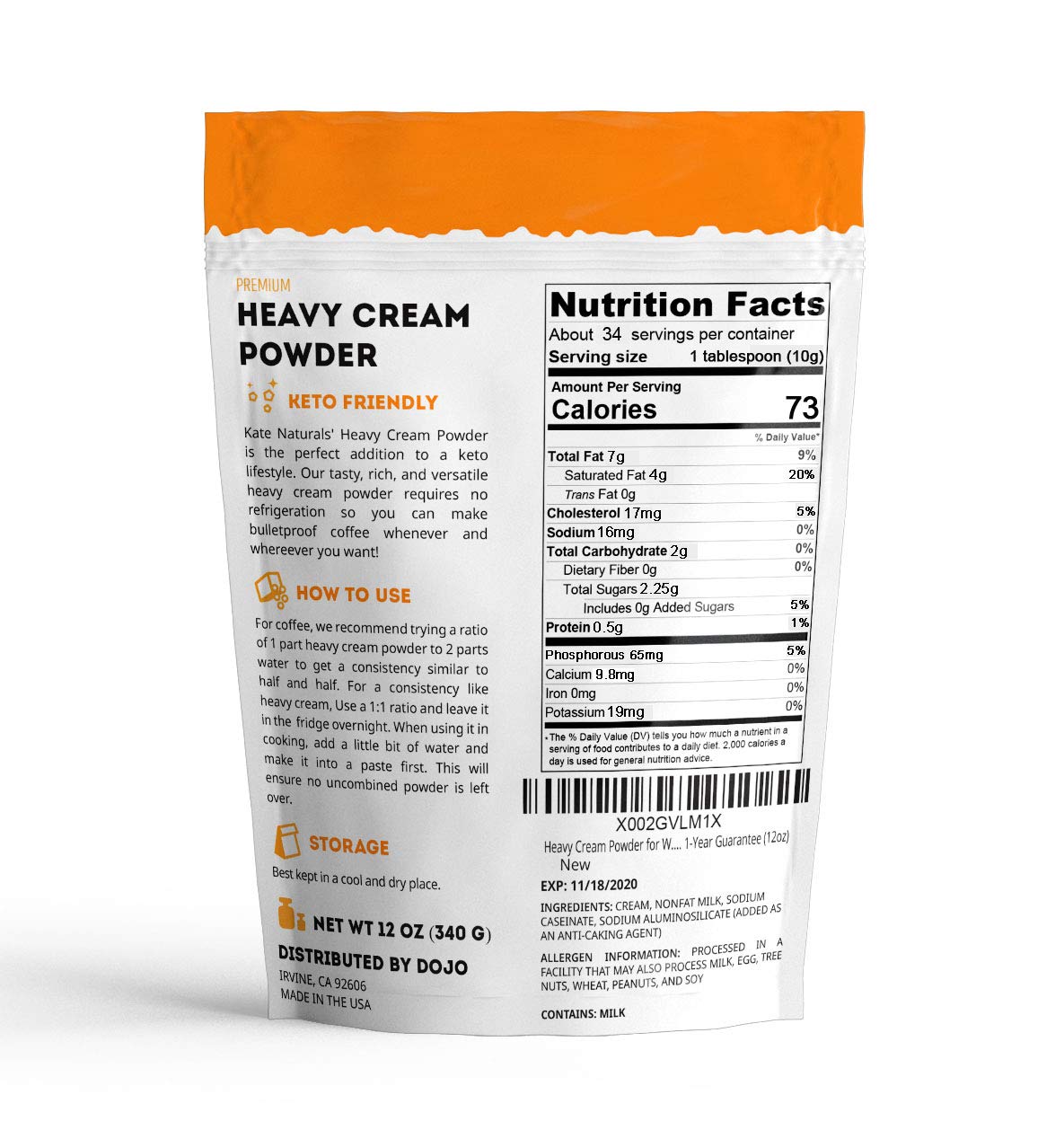 Heavy Cream Powder for Coffee & Heavy Whipping Cream 12oz - Kate Naturals. Powdered Heavy Cream for Sour Cream Powder, Butter, Clotted Cream, and WH